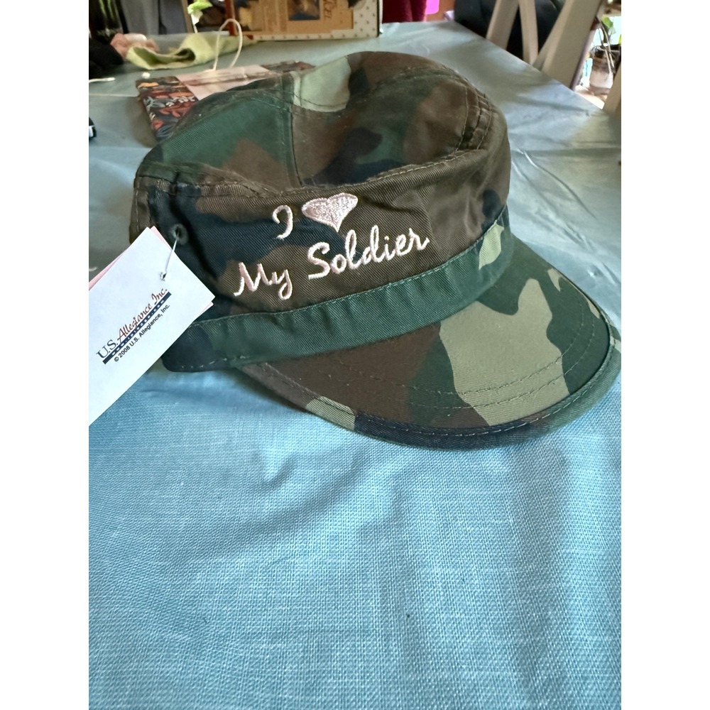 US Allegiance I Heart My Soldier Camo Cadet Hat Pink Embroidery NWT